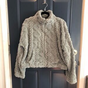 High-neck Zip up Casual faux fur Jacket with Pockets grey xl sherpa